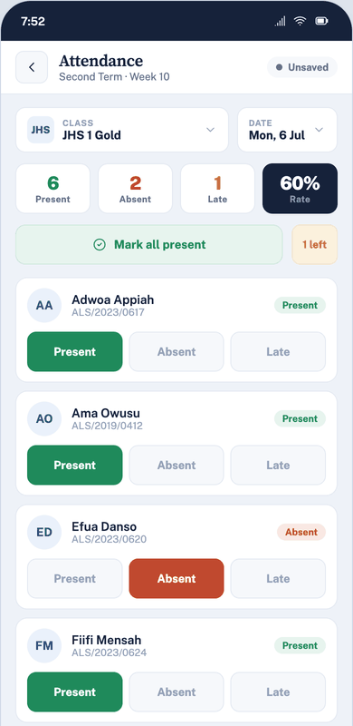 Marking a class register on a phone: present, absent and late buttons for each learner.